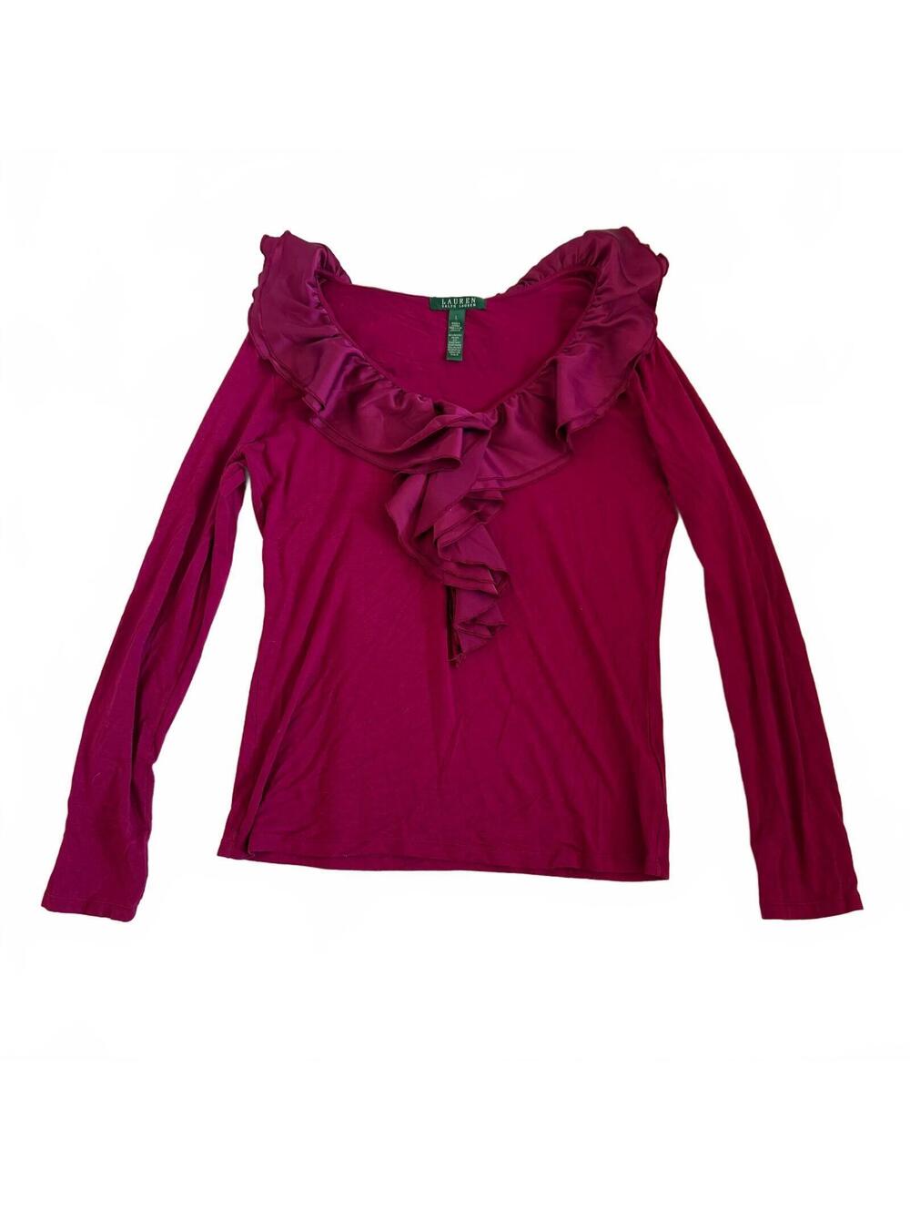 Lauren Ralph Lauren Women's Large Long Sleeve Ruffle Neck Top in Mauve